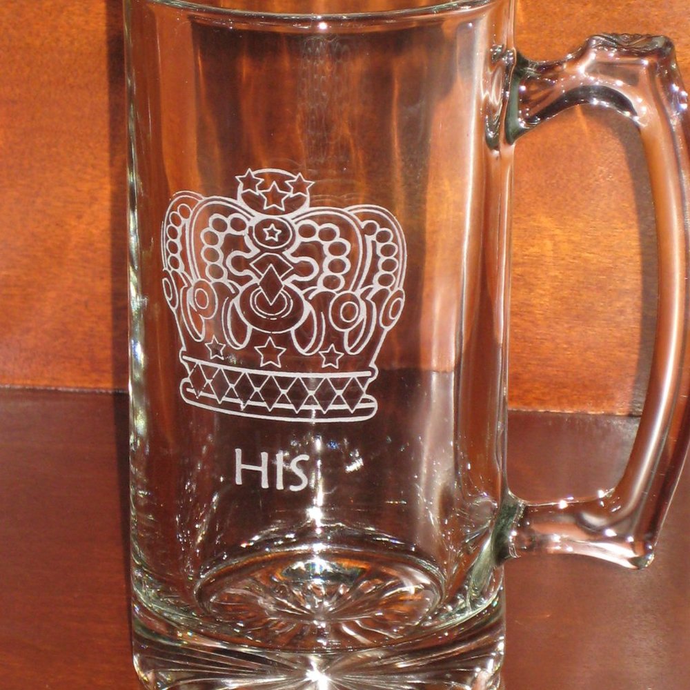 HIS Lg Beer Mug w/Crown - etched glass